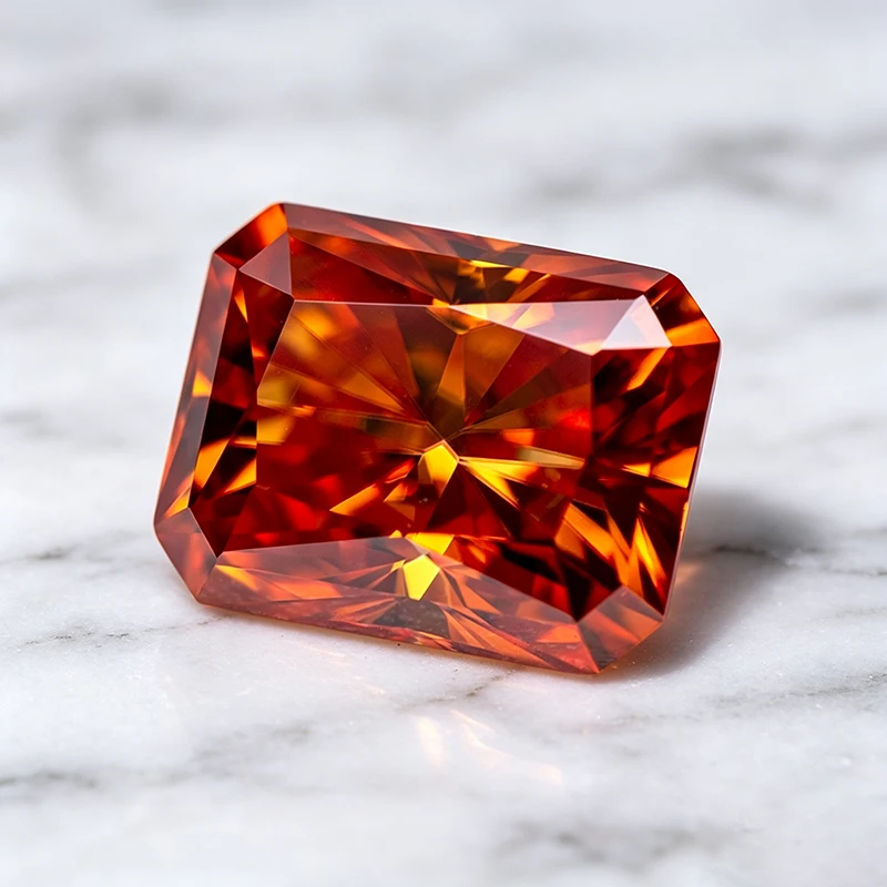 Moissanit-Stein im Radiant-Schliff, orange Farbe, im Labor gezüchteter Edelstein für DIY-Anhänger und Schmuckherstellung, besteht den Diamanttester mit Zertifikat. – Detail 3