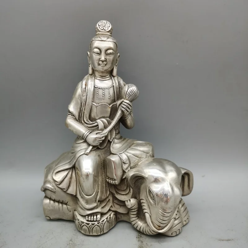 

Antique white bronze Feng Shui Auspicious statue Manjusri Bodhisattva home desktop decor Buddhist hall offering ornament