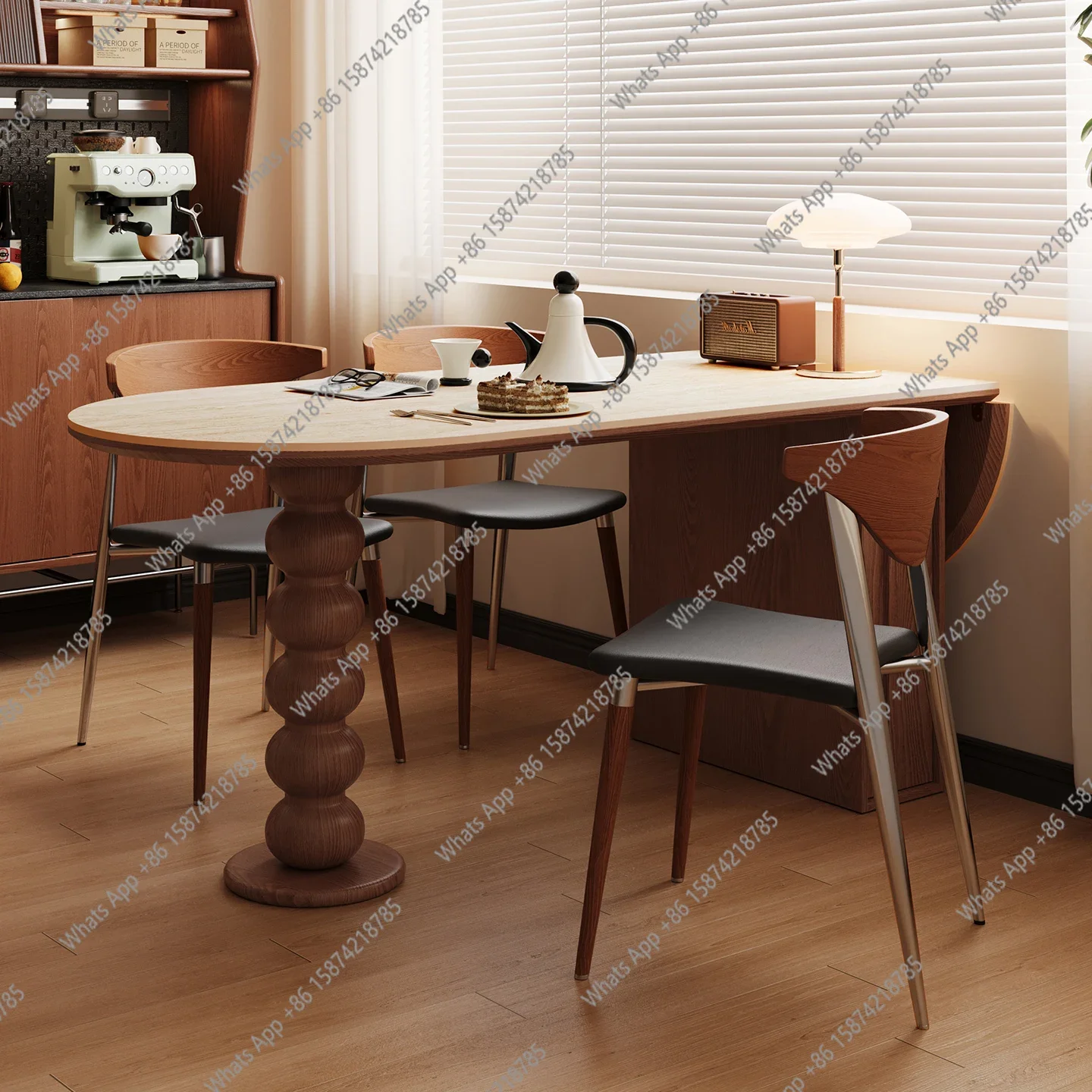 

A63 Medieval travertine rock slab dining table household oval small apartment retro folding retractable dining table