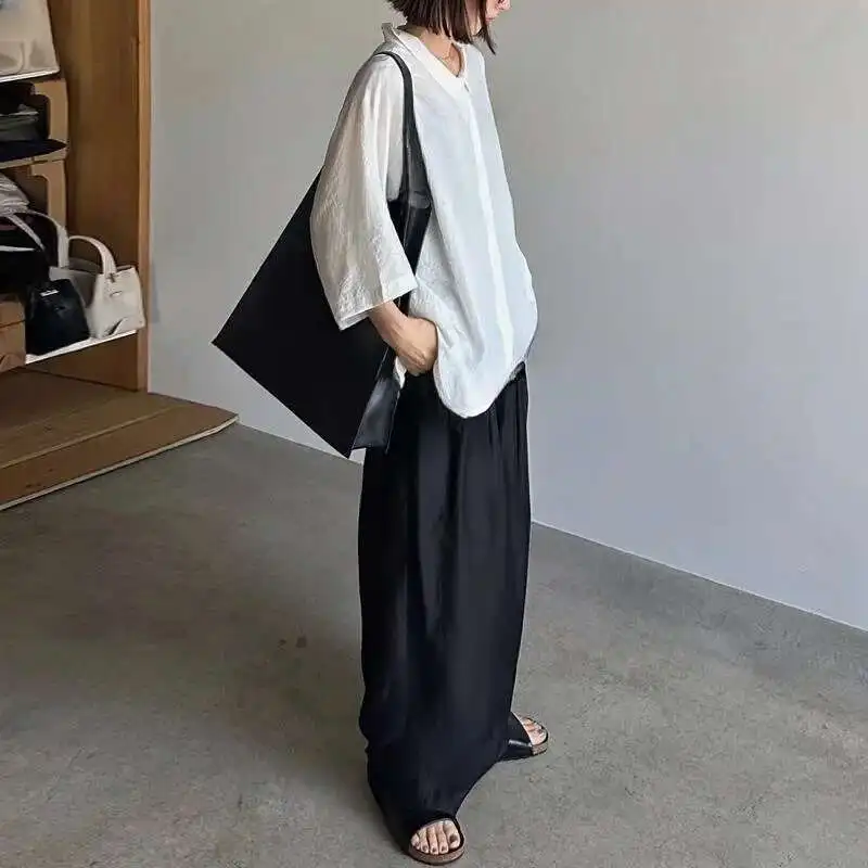 

2025 Summer New Style Lapel, Concealed Placket, 7-inch Sleeve Shirt, Loose Pants Two-piece Set