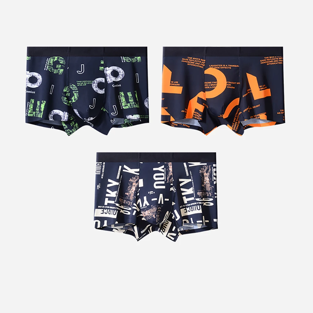 3PCS/Pack Antibacterial Ice Silk Breathable Boxer Men Cool Quick-dry Seamless Underpants Trendy Print High Elastic Men's Panties