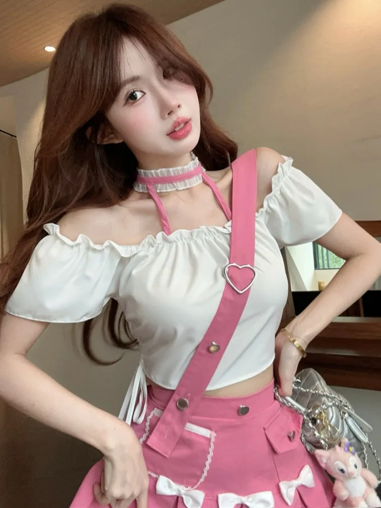 

Sweet And Spicy Girl Neck Hanging Shoulder Bared Drawstring Top Women Summer Oblique Shoulder Strap Blouse Short Sk...