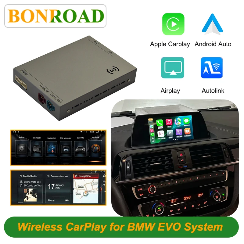 BONROAD Wireless CarPlay Decoder Box For BMW EVO 1 2 3 4 5 7 Series F20 F21 F22 F30 F31 F33 F36 X1 X3 X4 X5 X6 F48 G01 F26 F15 I3/I8 MiNi 2016-2020 Android Auto Mirror Link Navigation AirPlay Carplay