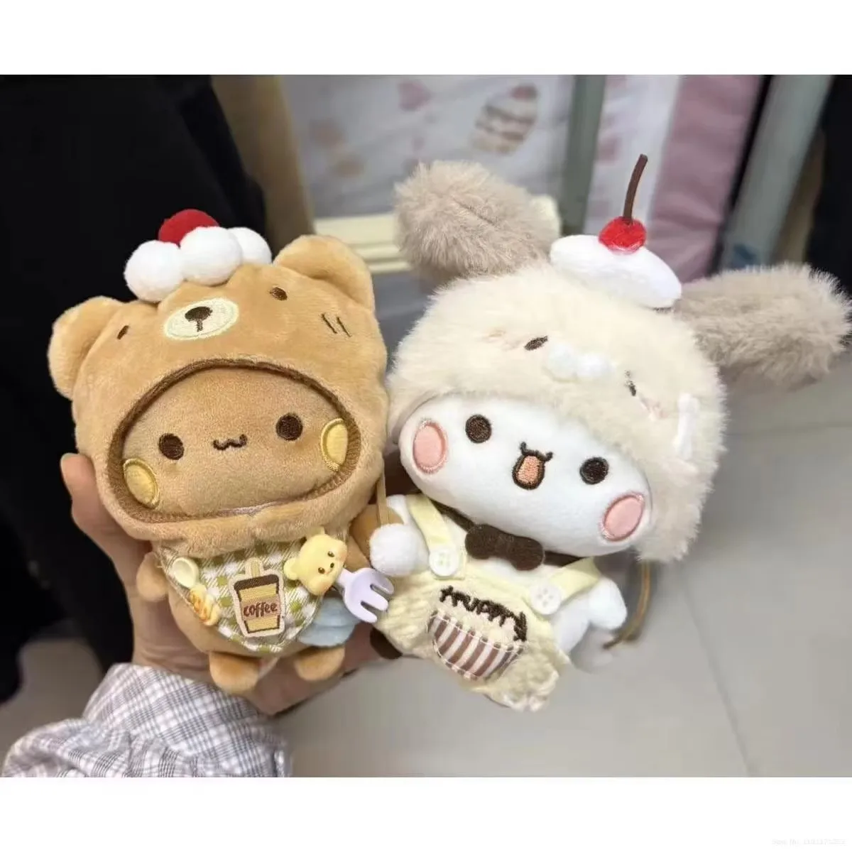 2pcs/set Yier Bubu Cute Cartoon Bear Plush Keychain Doll With Coffee Style Outfit Soft Stuffed Toy Bag Pendant Lovely Gift For G