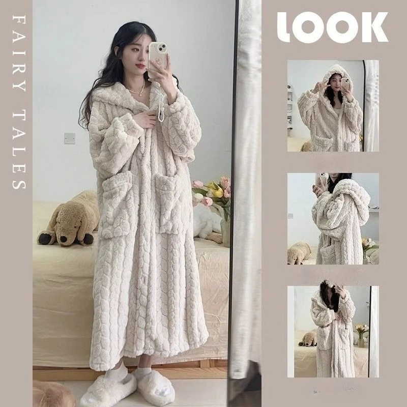Women's Cute Long Flannel Nightgown Autumn Winter Coral Fleece Loungewear Sweet Korean Style Robe Outdoor Indoor Wear XL Size