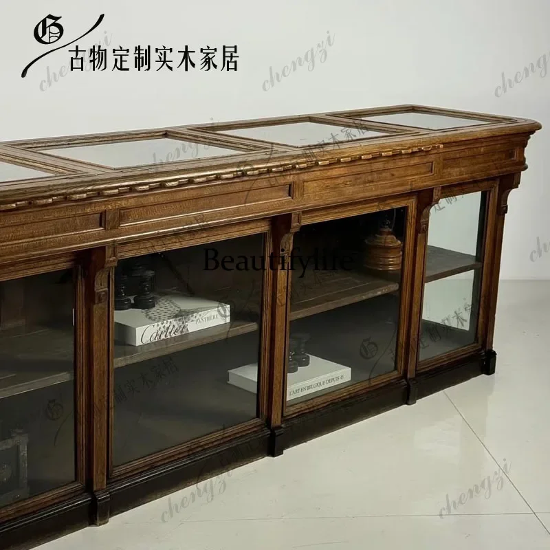 French retro solid wood bread cabinet antique style old flip locker old display cabinet glass side cabinet