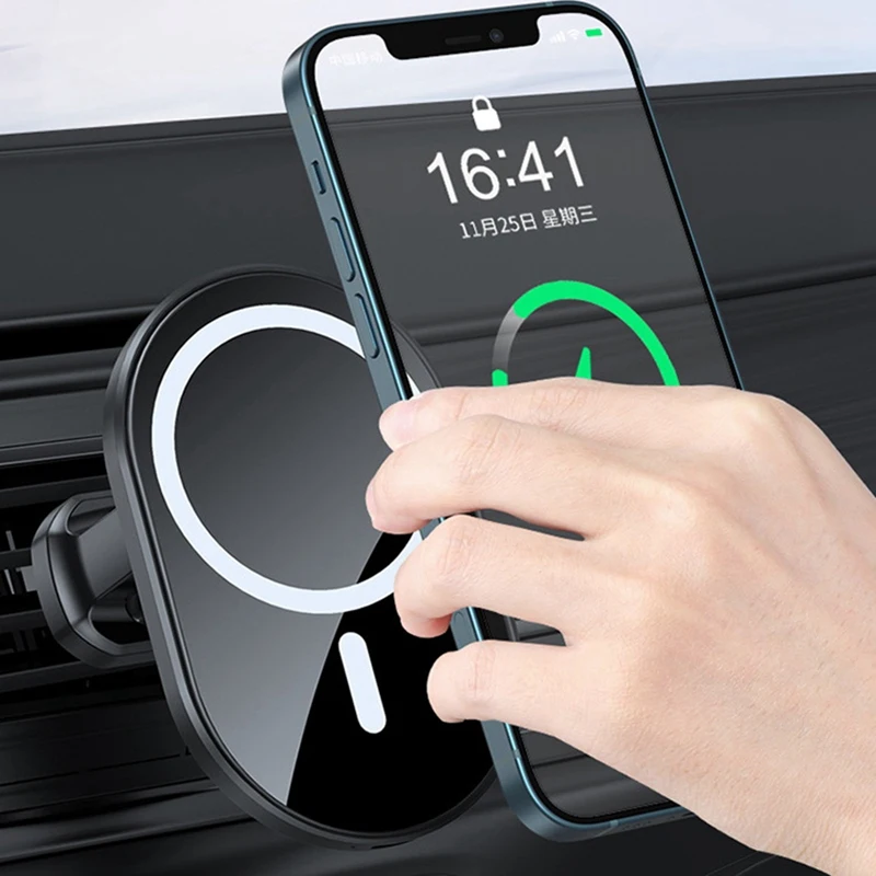 Magnetisches kabelloses 15-W-Ladegerät für Mobiltelefone, Autotelefonhalter, Luftauslass, Navigationsunterstützung, geeignet für Android und Apple