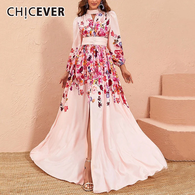 CHICEVER Hit Color Slimming Temperament Spliced Printing Dresses for Wome Stand Neck Long Sleeves Midi Dress Female Clothing New