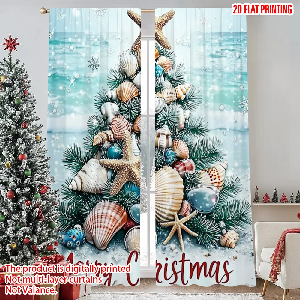 

2pcs 2D flat printing Merry Christmas Scene Curtains Coastal Starfish & Shells Versatile 100% Polyester Without Electricity