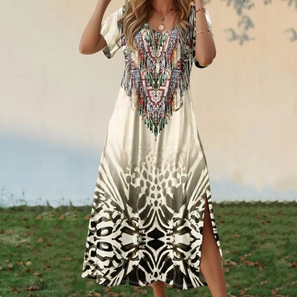 

Women Summer Dress Ethnic Style Print Sleeveless Dress A-line Side Slit Loose Vest Type Vacation Homewear Maxi Dress