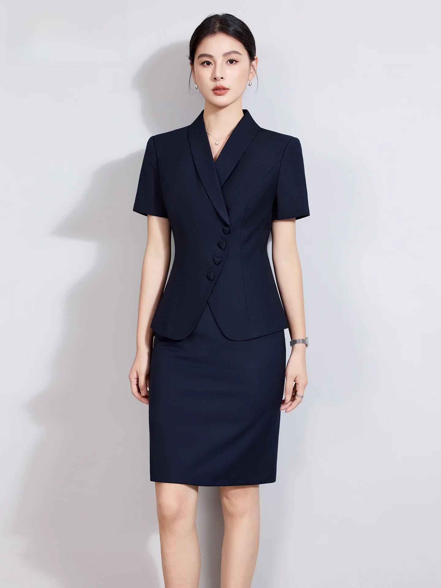 

Глубокий синий профессиональный костюм-двойка для женщин: летний комплект для ресепшн, менеджера ювелирного магазина, собеседований, формальный костюм с юбкой