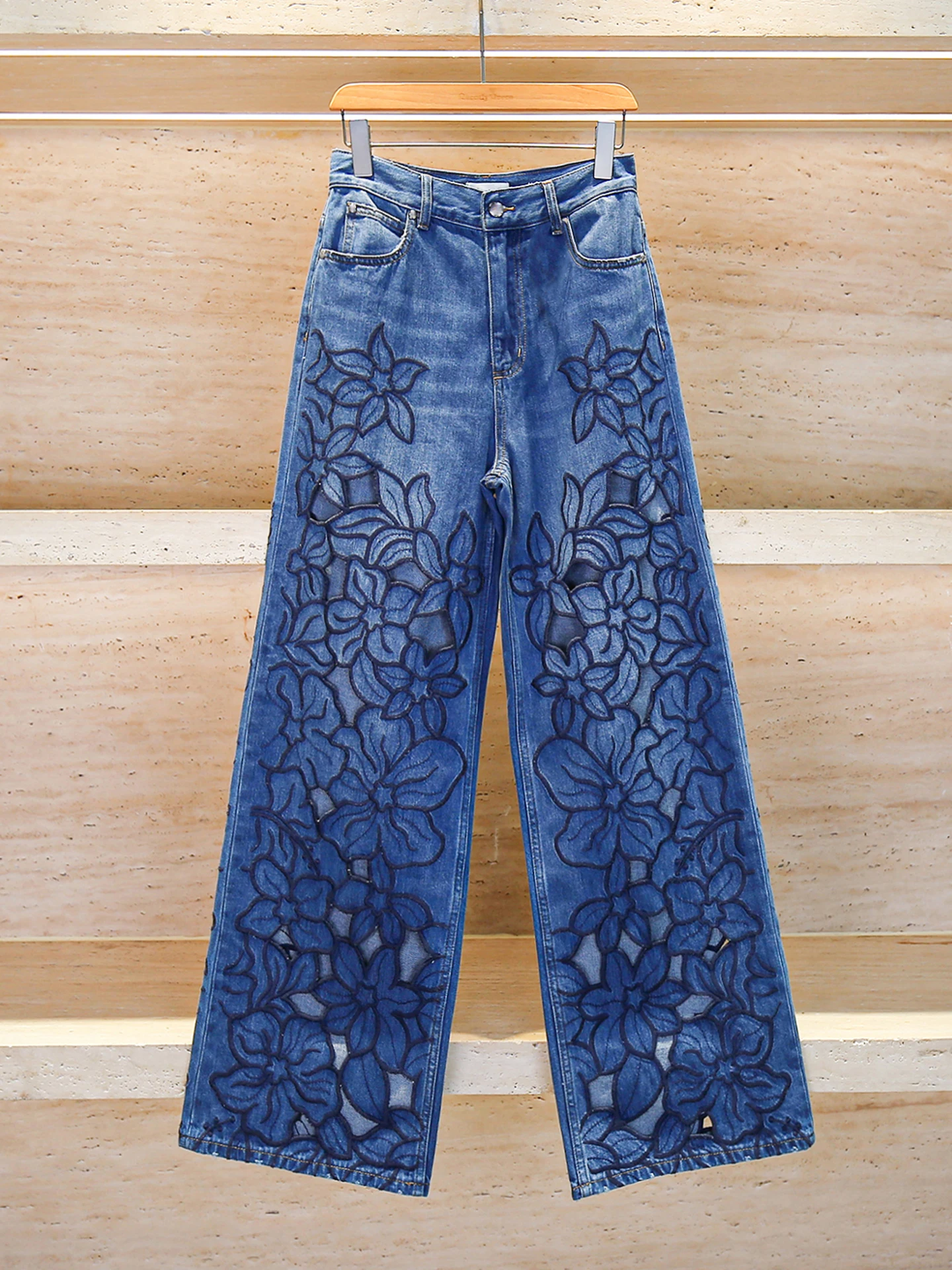 

M Home Nan You High End Women's Summer Embroidered Hollow Wide Leg Jeans Casual High Waist Straight Leg Blue Denim Pants