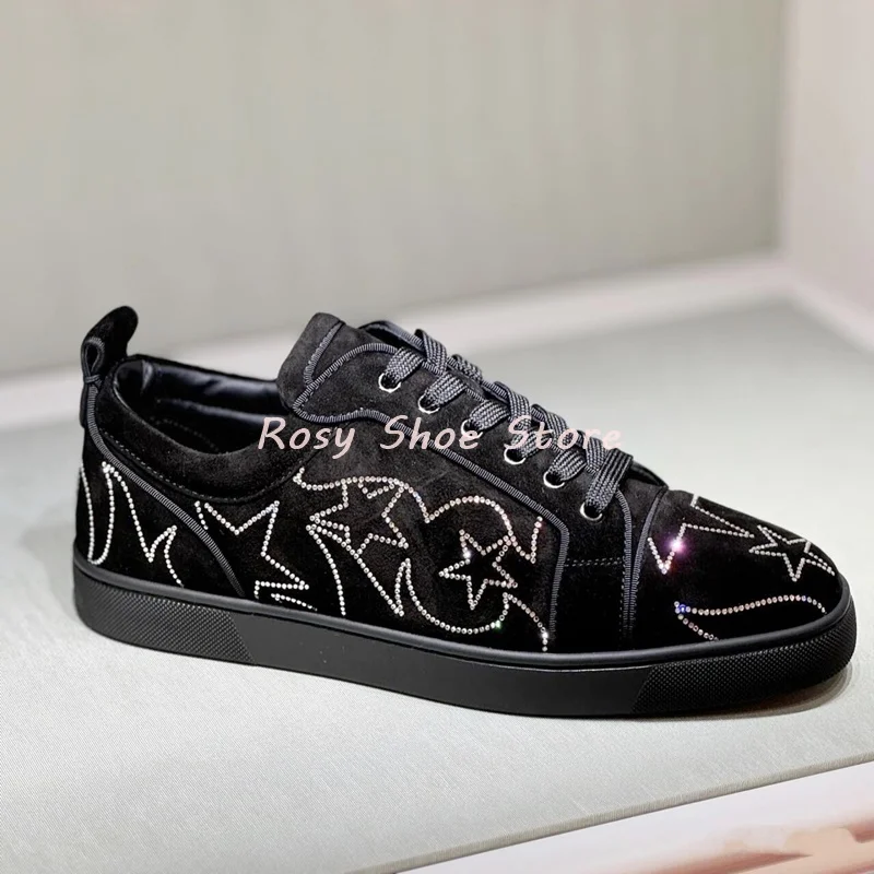 

Men's and Women's Black Suede Casual Shoes Graffiti Rhinestone Unique Design Round Toe Lace Up Couple Flat Shoes Daily Versatile