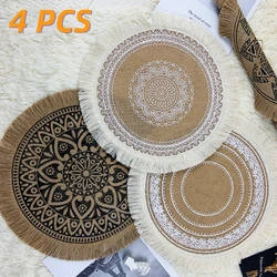 4 PCS Round Placemats with Tassels Boho Linen Table Mat Non-Slip Heat Insulation Cup Coaster Kitchen Placemat for Dining Table