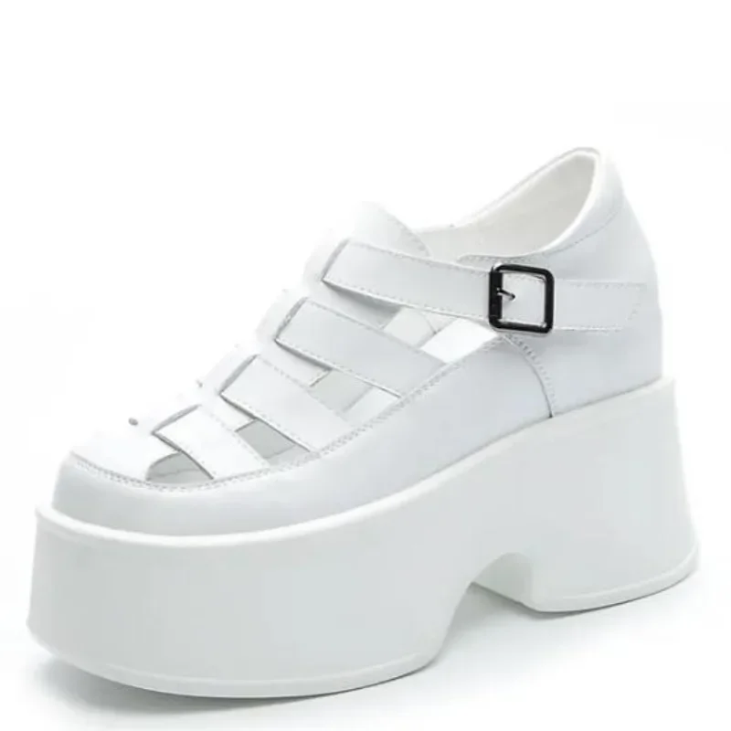 

10.5cm Women White Shoes Summer New Mesh Breathable Fashion Platform Wedge Heel Lace Women's Shoes Sandals Slides Slippers 2024