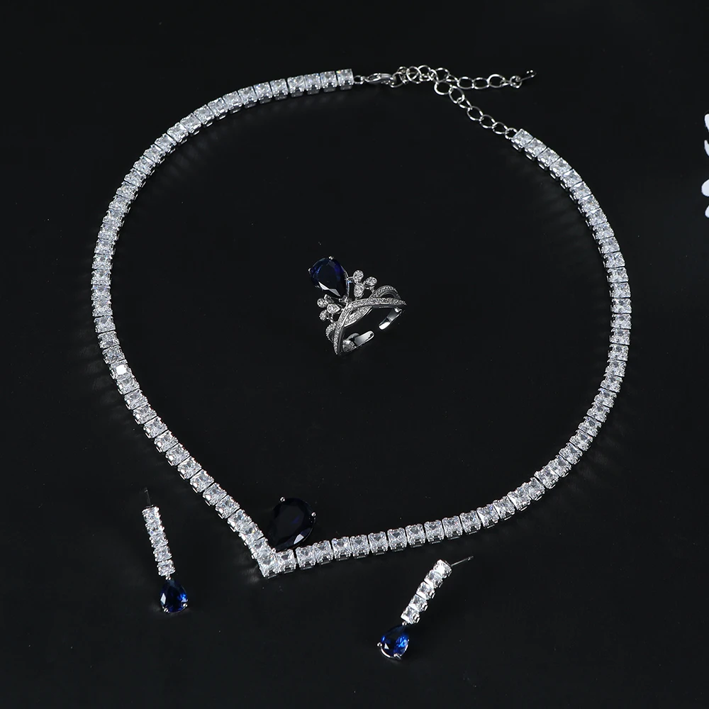 

Luxury Sparkling Geometric Cube Zircon Dubai Bridal Ring Necklace Earrings Jewelry Set S634