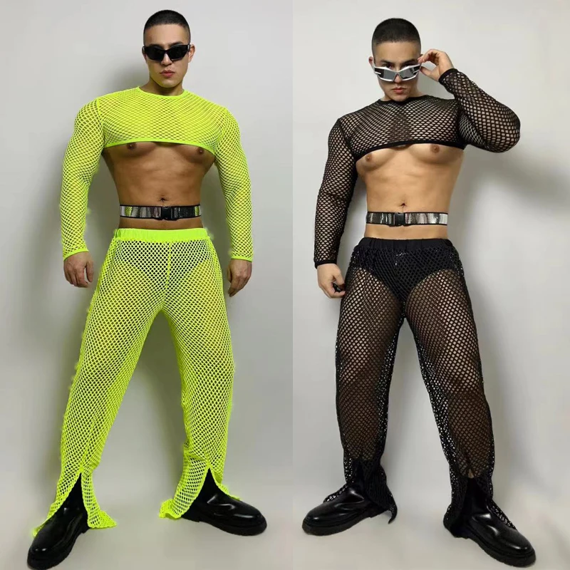 Muscle Man Sexy Pole Dance Clothing Nightclub DJ Party Gogo Dancer Costume Fluorescent Mesh Top Pants Stage Rave Outfit XS5953