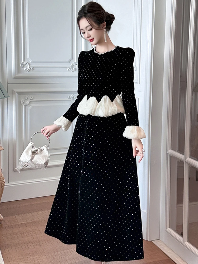 Ropa de mujer falso 2 piezas elegante de lujo de terciopelo negro de manga larga ajustado Vestido acampanado fiesta de noche Vestido de cumpleaños bata Casual