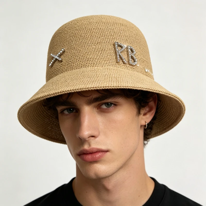 INS Summer Natural Raffia Sun Hats for Women Handmade Crochet Straw Beach Lady Metal Rhinestone Luxury Shiny Bucket Cap Gorra