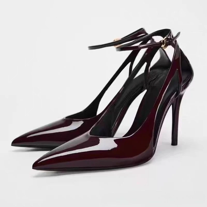 Sandalias de tacón con punta estrecha de charol para mujer, zapatos de tacón elegantes para vestido de fiesta, correas en el tobillo, tacones altos sexis para oficina para mujer