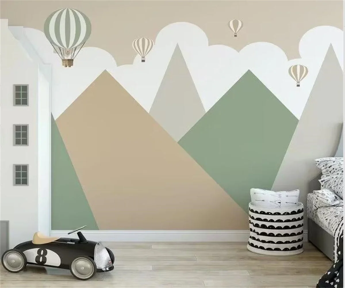 Cartoon mural Nordic hand painted geometric mountain hot air balloon children's room wallpaper Bedroom background wall wallpaper