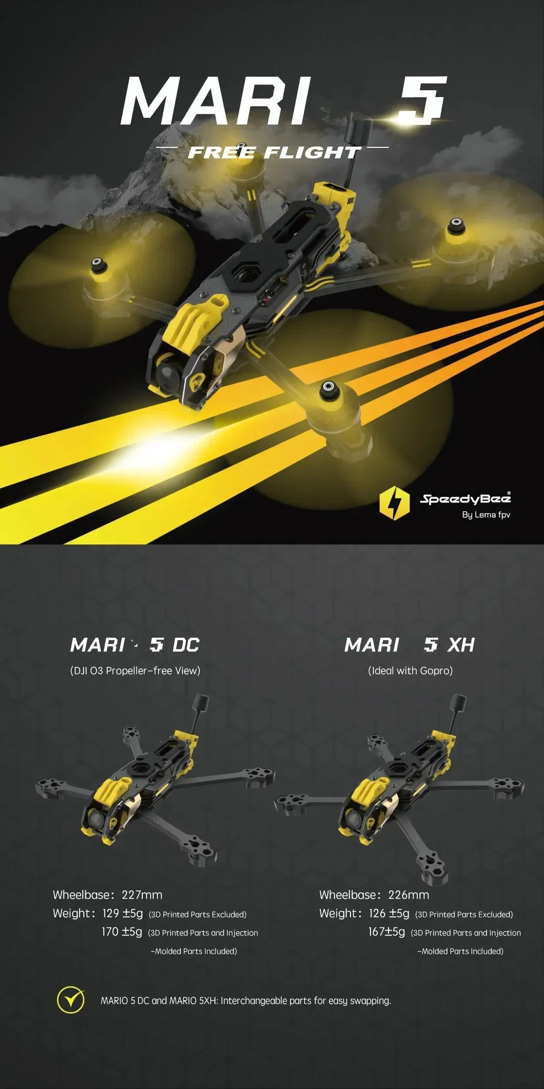 SpeedyBee Mario 5 XH DC cadre avancé 5 pouces pour Version O3/O4 PRO avec plaque en Fiber de carbone FPV Freestyle RC Drone de course