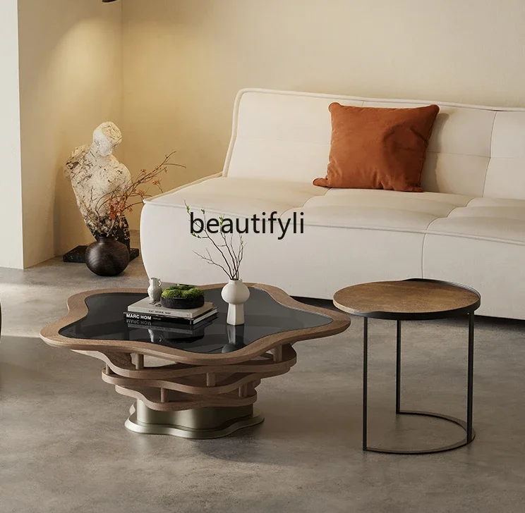 Light Luxury Tempered Glass Living Room Coffee Table High-End Elegant Small Apartment Italian Design Special-Shaped Tea Table