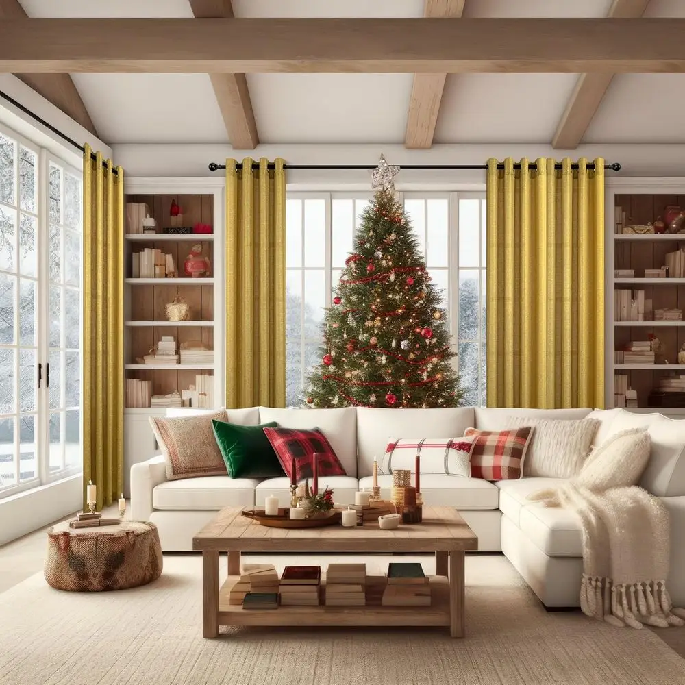 84 Cortinas metálicas semitransparentes de color amarillo mostaza con ojales, 52x84, brillo moderno para salón y dormitorio