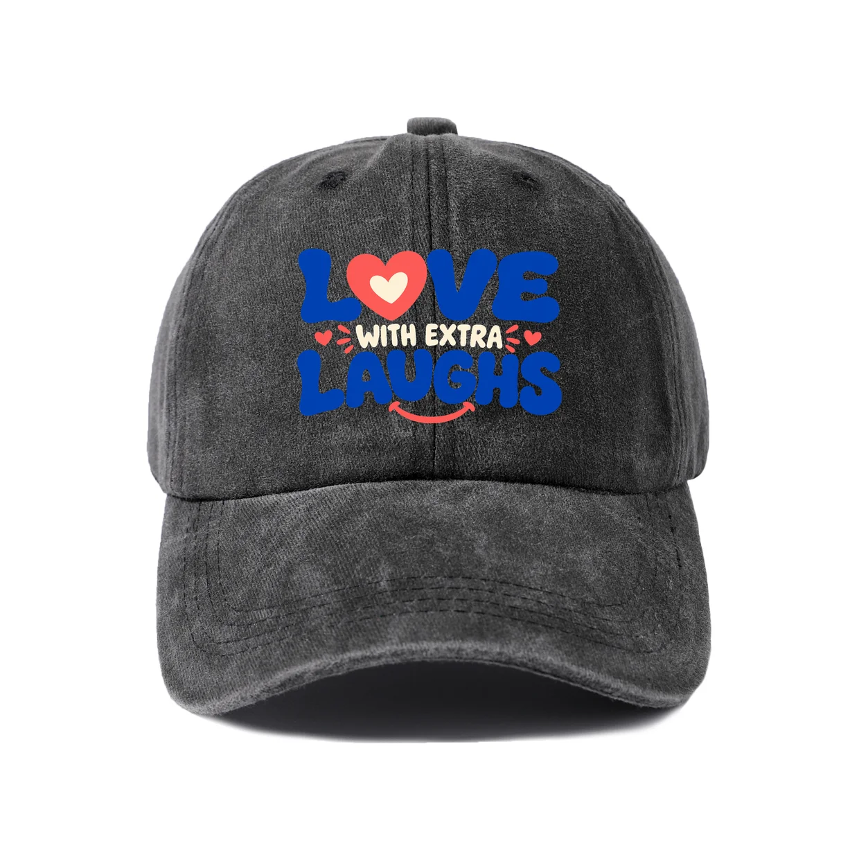 Love With Extra Laughs Graphic Vintage Washed Baseball Cap, Adjustable Unisex Dad Hat, Casual Gift