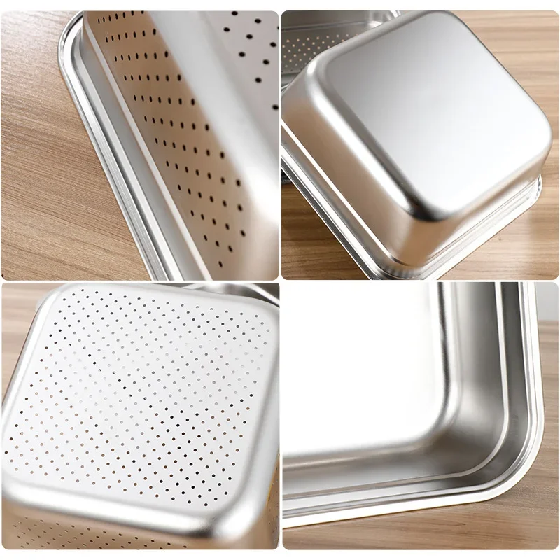 Stainless Steel Washing Vegetables Drain Basket Fruits Storage Organizer Bowl Square Food Basin Tray Kitchen Accessories