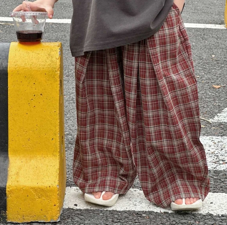 2026 Summer Korean Children's Clothing Black And White Checkered Loose Water Washed Cotton And Hemp Mosquito Resistant Pants