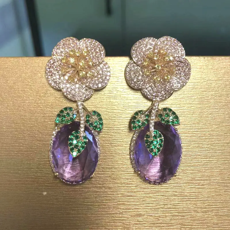 

Bilincolo Luxury Purple Cubic Zirconia with Pink Flower Earring for Women