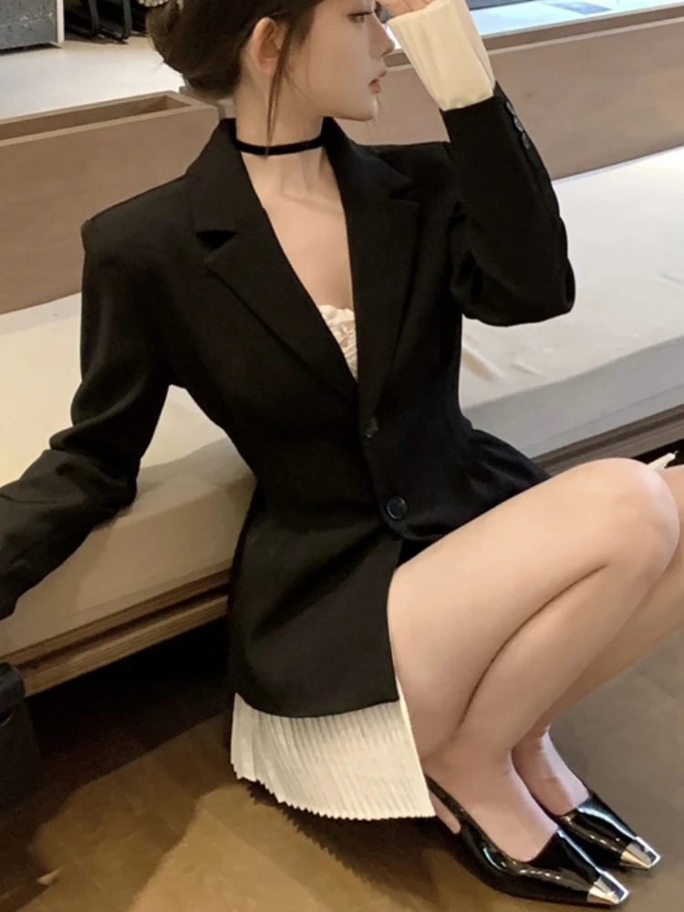 Spring Women Fashion Pleated Patchwork Black Blazer Long Sleeve Elegant Chic Solid Party Jackets Female Vintage Slim Coat Cloths