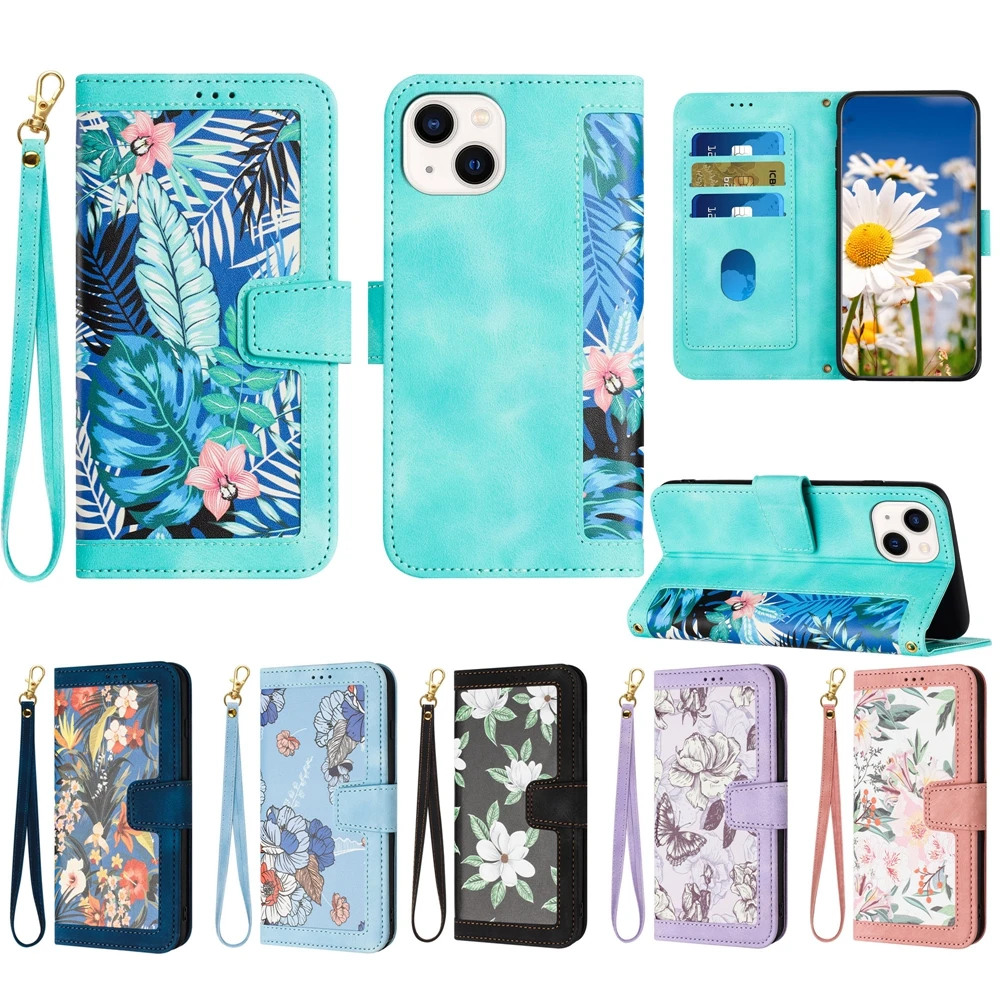 Wallet Phone Case for iPhone 15 14 13 12 11 Pro Max iPhon 6 7 8 Plus X XS XR Cases Plant Flowers Leather Flip Back Cover Lanyard