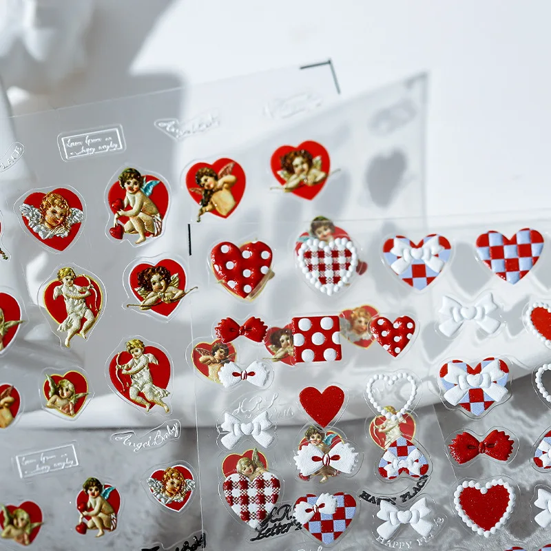 Cute Little Angel Red Love Heart 5D Soft Reliefs Self Adhesive Nail Art Decorations Stickers Delicate 3D Nail Decals Wholesale