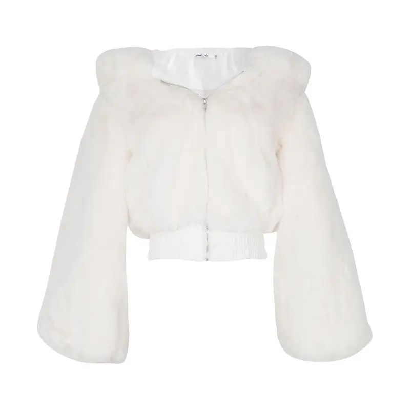 Sexy inverno zip casacos com capuz teddy falso casaco de pele das mulheres de luxo curto branco engrossar falso pele outwear bolsos solto e675