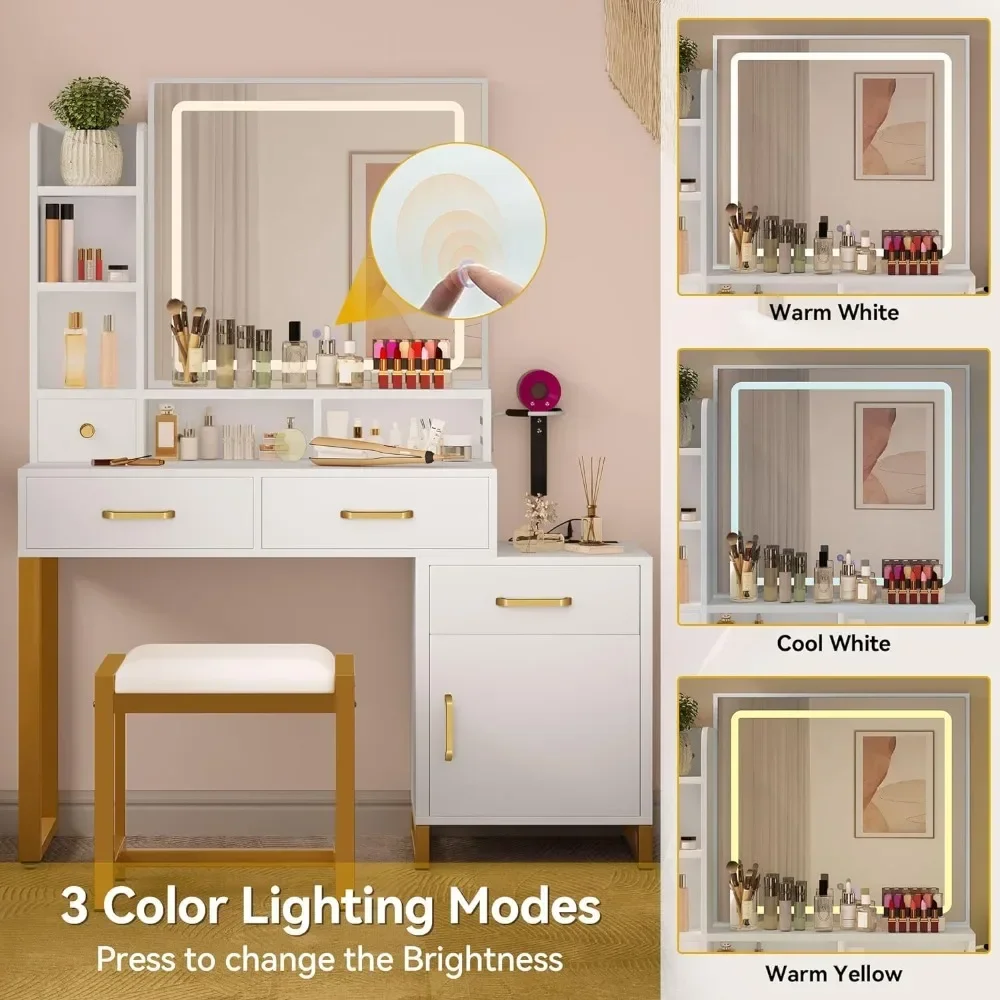 Dressing table with mirror and lamp, drawer, 3-color adjustable lighting brightness and power socket, dressing table