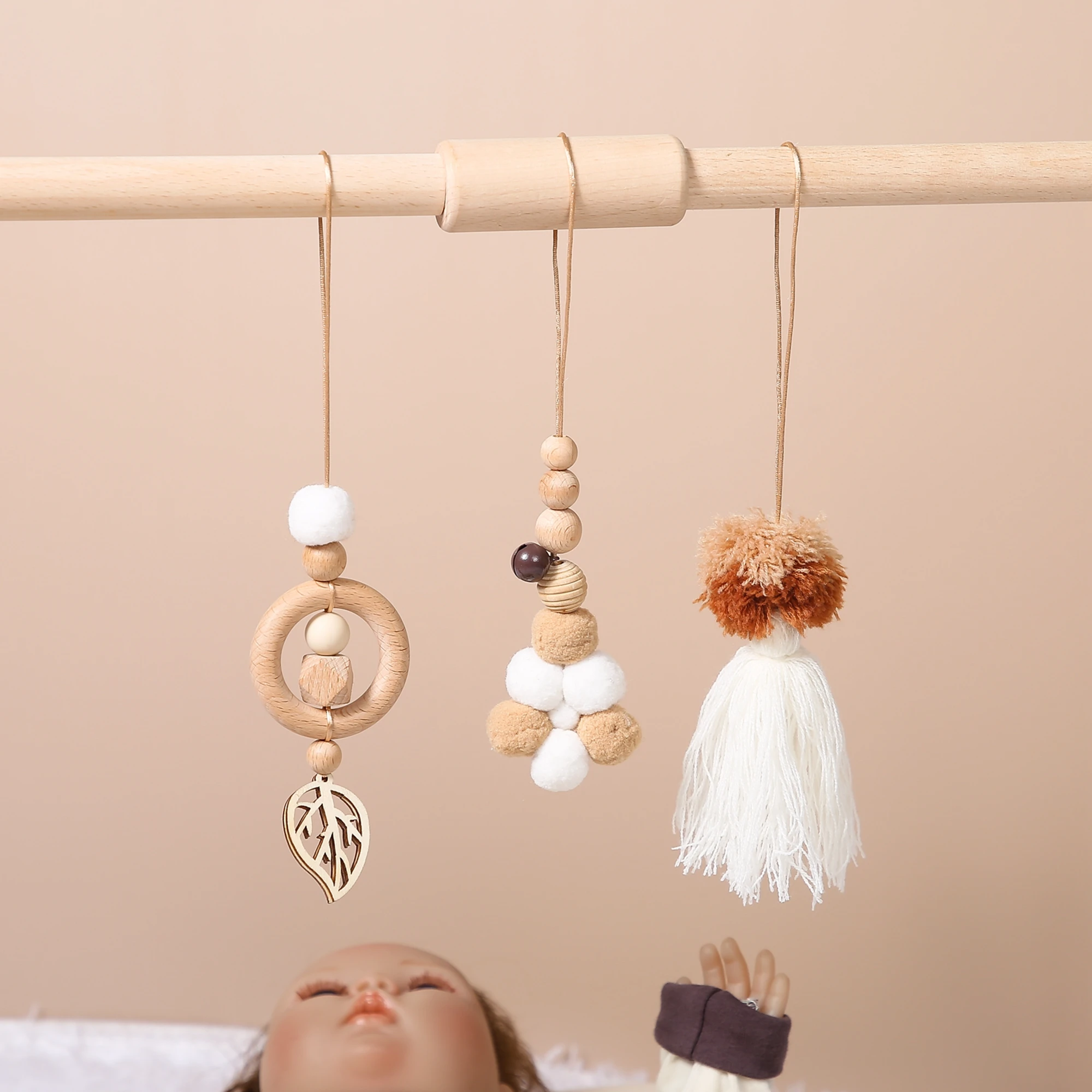 Wooden Fitness Rack Pendants With Plush Newborn Baby Gym Toy Hanging Ornaments Baby Rattle Toys for Children Kids Room Decor