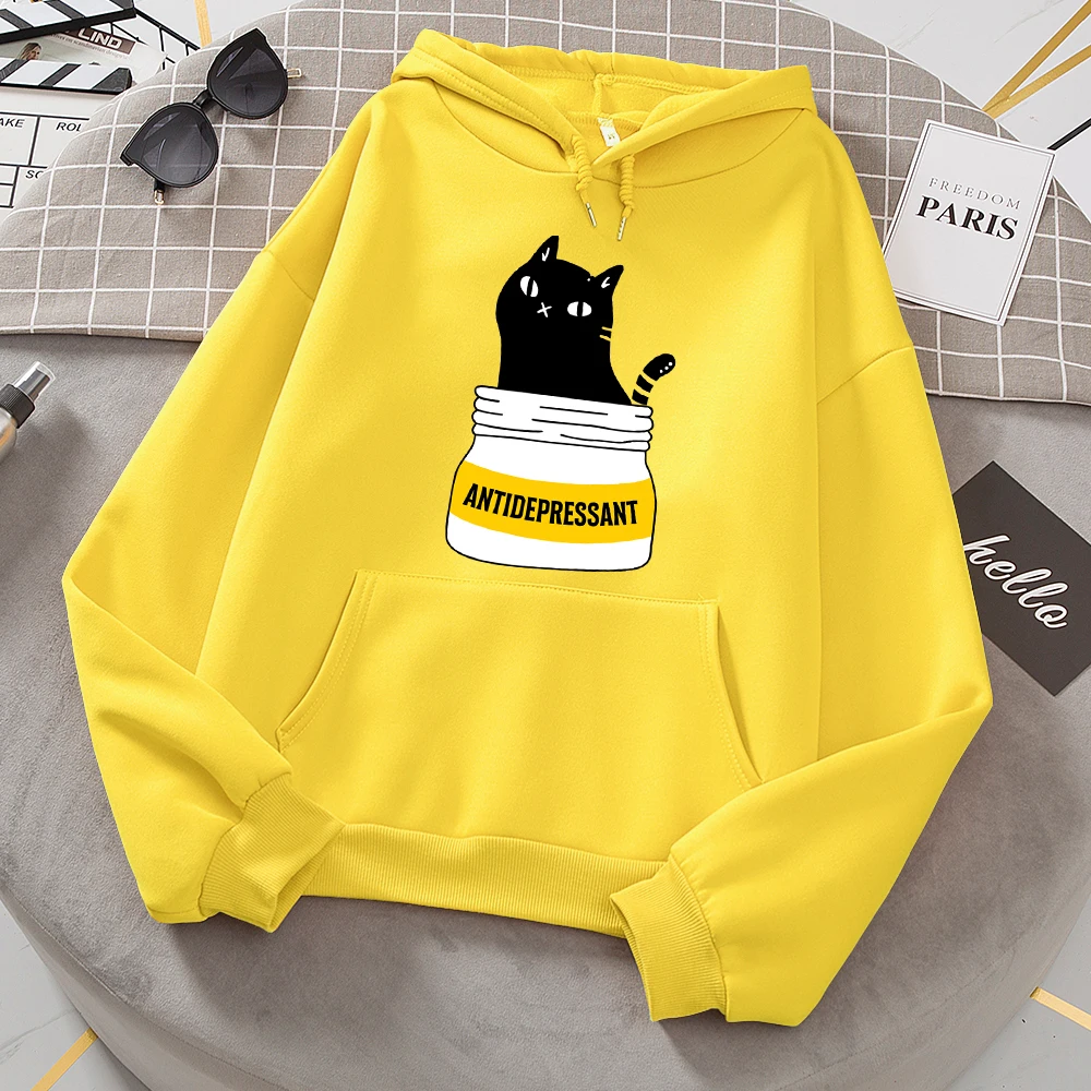 Black Cat Eat Antidepressant Women Hoodies Casual Fashion Hoodie Warm Fleece O-Neck Comfortable Hoody Loose Street Sweatshirt