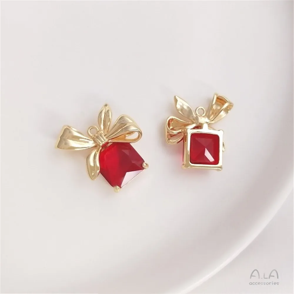 

Color Preservation 14K Bag Gold Inlaid Square Zircon Bow Gift Box Pendant Diy Necklace Bracelet Earrings Pendant