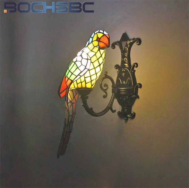 BOCHSBC Tiffany style stained glass parrot retro wall light for villa bar restaurant aisle bed wall lamp LED decor