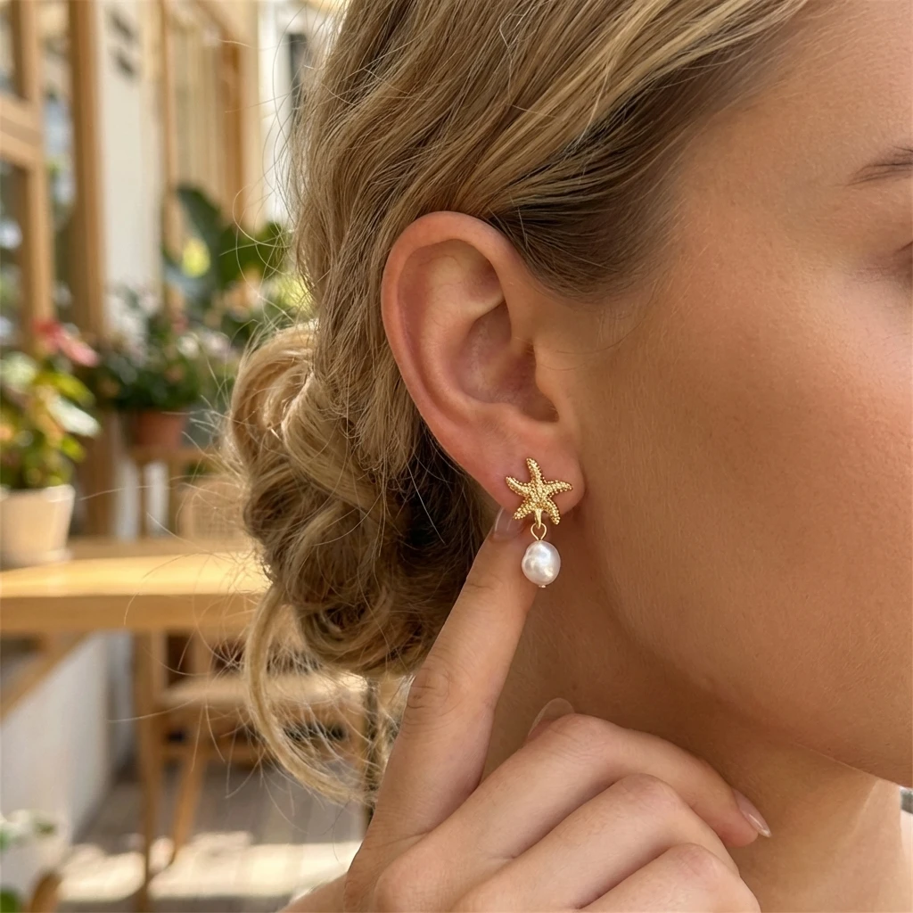Direkt vom Hersteller: Seestern-Imitat-Perlen-Ohrringe in Goldfarbe für Frauen, Mermaidcore-Ästhetik, Hängeohrringe, Party-Schmuck, Geschenk – Detail 3