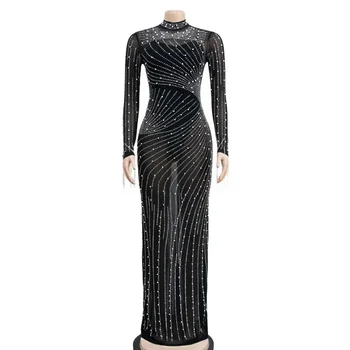 2025 New Women Mesh Tassel Long Sleeve Diamonds Hot Rhinestones Bodycon Midi Maxi Long Dress and Tank Inner Dresses 2piece Suit 4