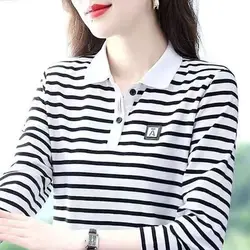 Women's Shirt Pure Cotton Collar Long Sleeved T-shirt Women's Clothing Middle-aged Mother Polo Shirt T