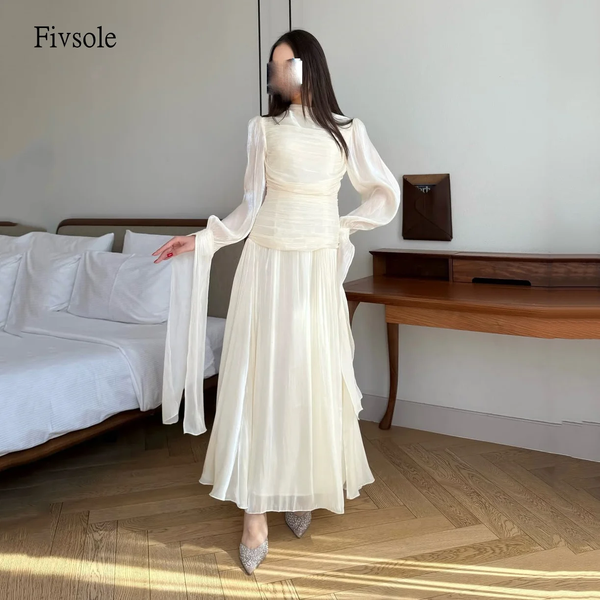 

Fivsole Elegant High Neck A Line Prom Gowns Shiny Long Sleeves Party Gown Modest Ankle Length Evening Dress Customized