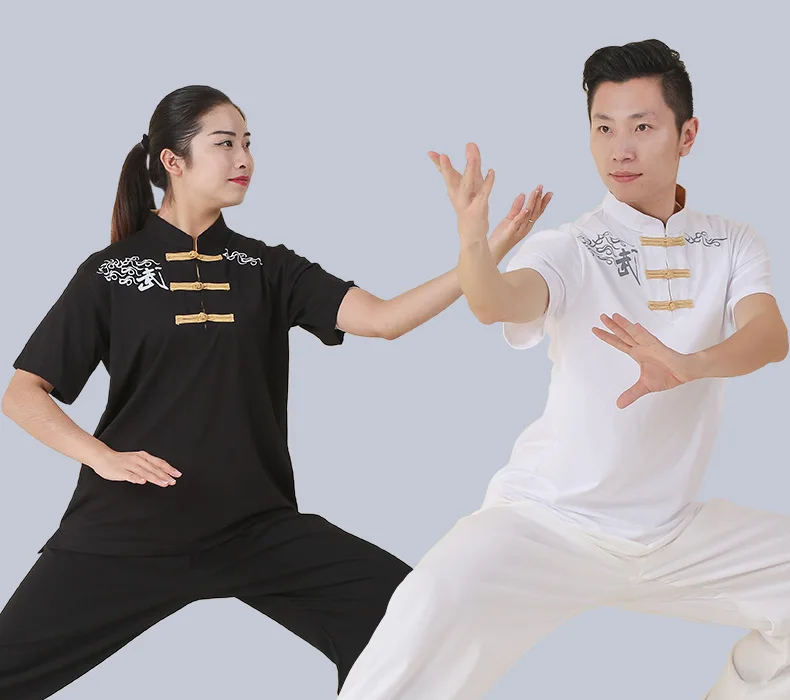 Cotton Linen Men Tai Chi Kungfu Martial Arts Shirts Chinese Style Printing Sweatshirt  Short Sleeve Wushu Casual Workout Shirt