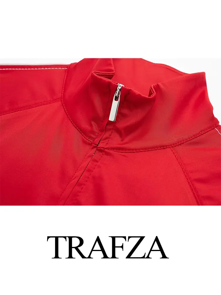 TRAFZA 2024 Women Fashion Contrast Striped Coat Long Sleeve Stand Collar Zipper Jacket Female Casual Street Red Outerwear