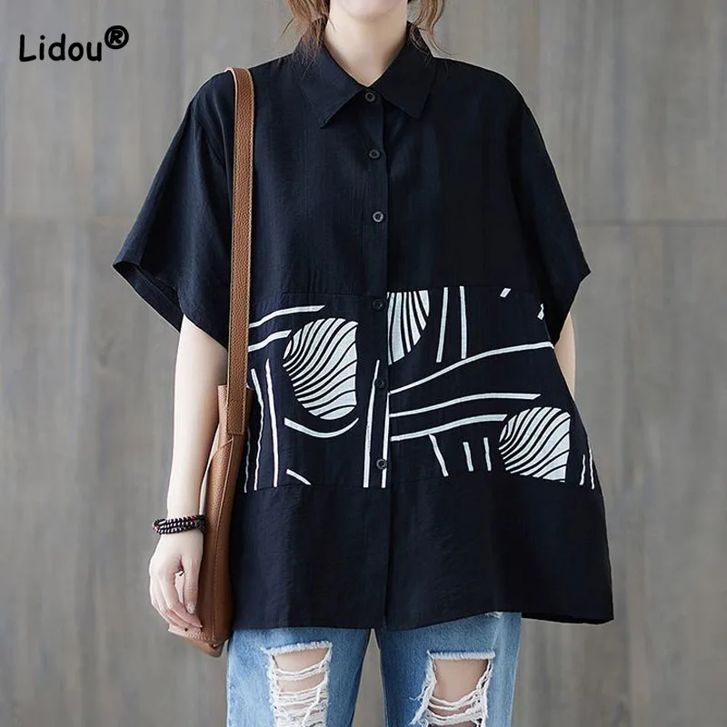 

Fashion Short Sleeve All-match Printed Spliced Shirt Womens Clothing Casual Loose Turn-down Collar Female Single-breasted Blouse