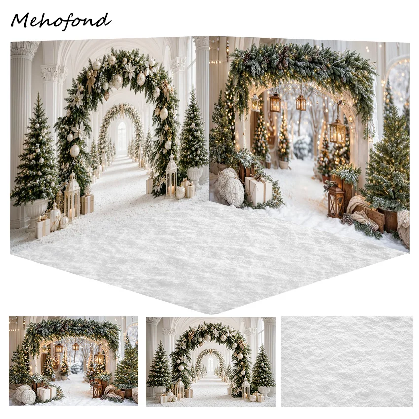 Mehofond Light Luxury Winter Photography Background Arched Snow Corridor Xmas Tree Baby One Year Old Kids Family Photo Studio