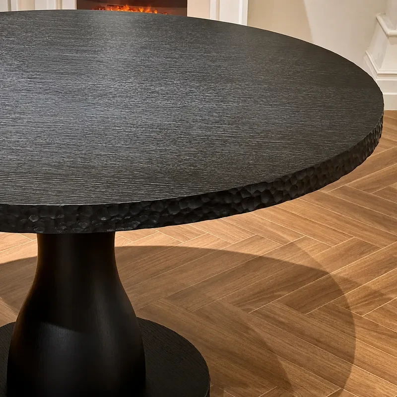 Solid Wood Black Round Dining Table Set Retro Wabi Sabi Style Simple Design Premium Home Furniture for Kitchen Living Room